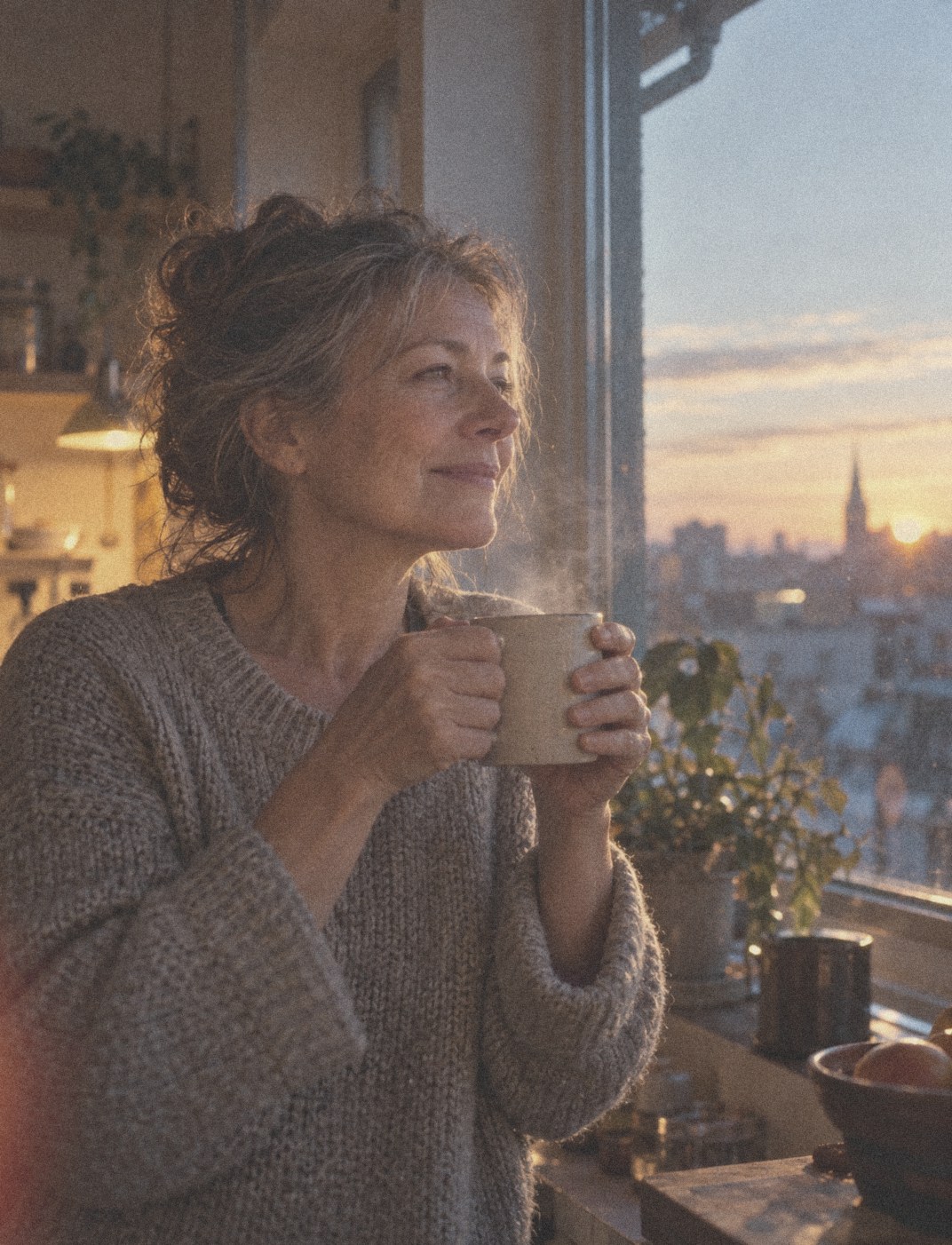 A person with coffee by a window