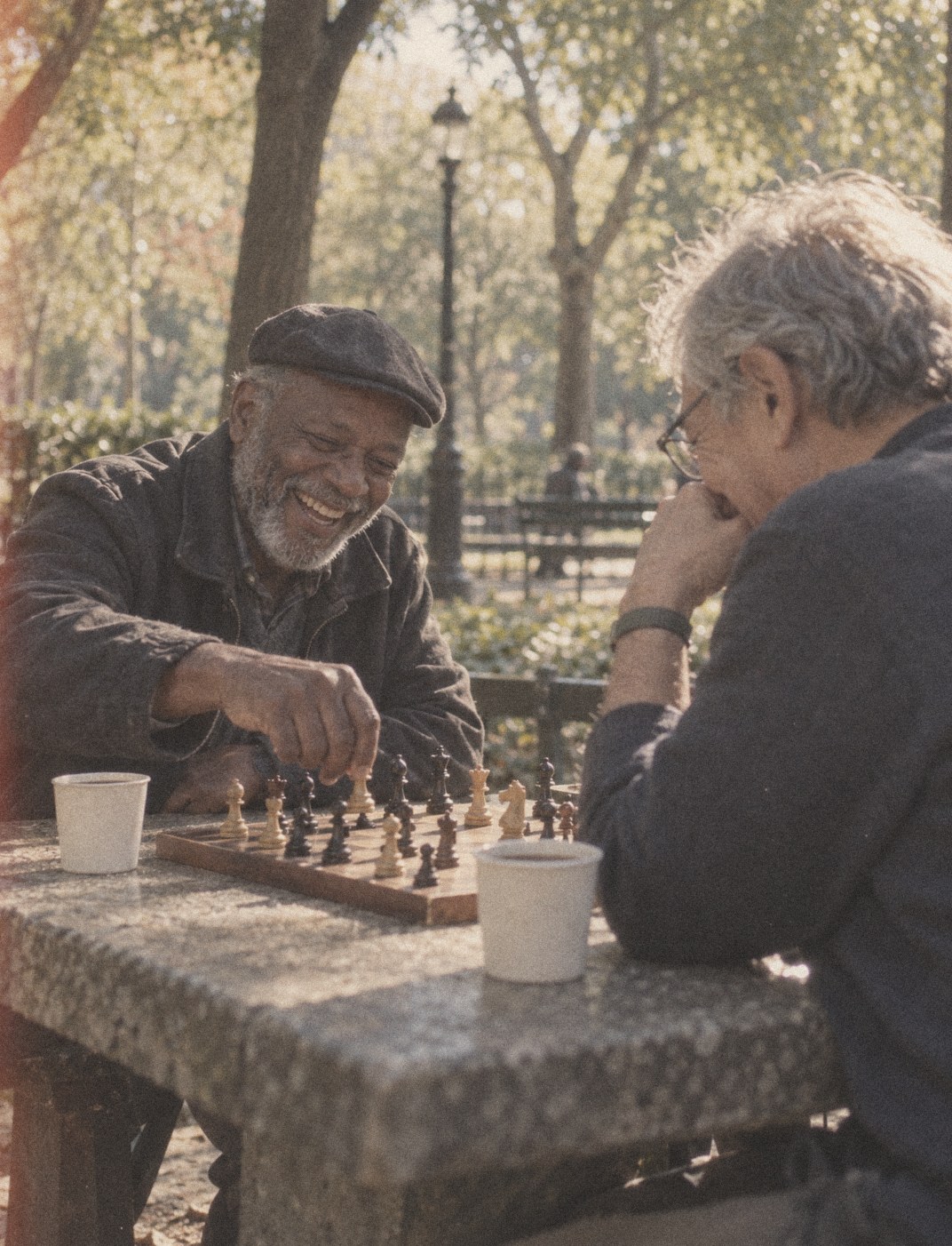 Two men playing chess in a park