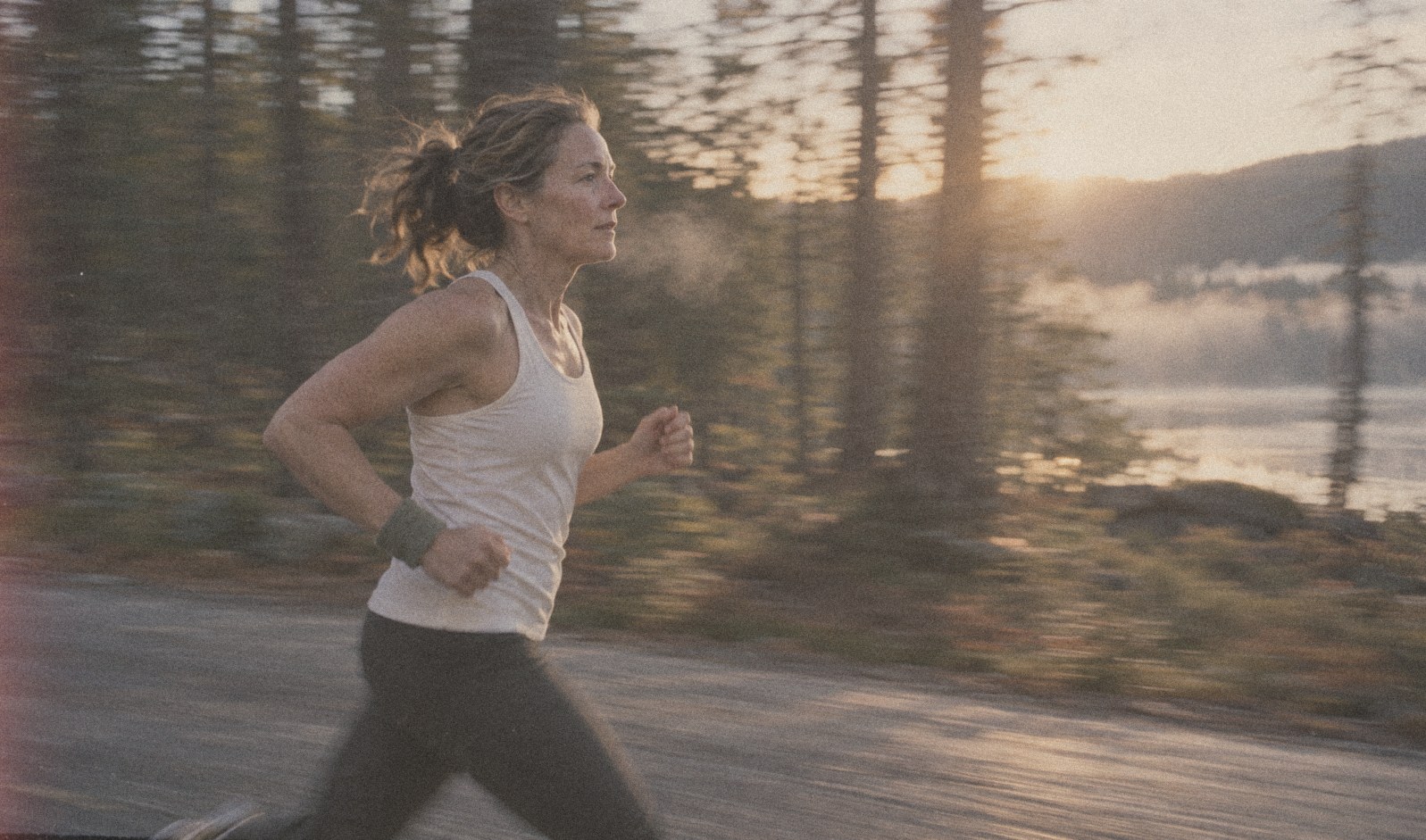 A runner on a forest road at sunrise