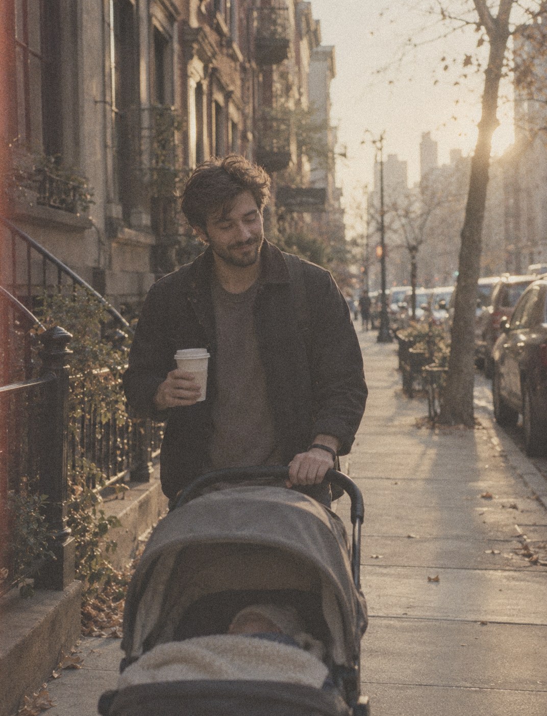 A father with a stroller and coffee on a morning street